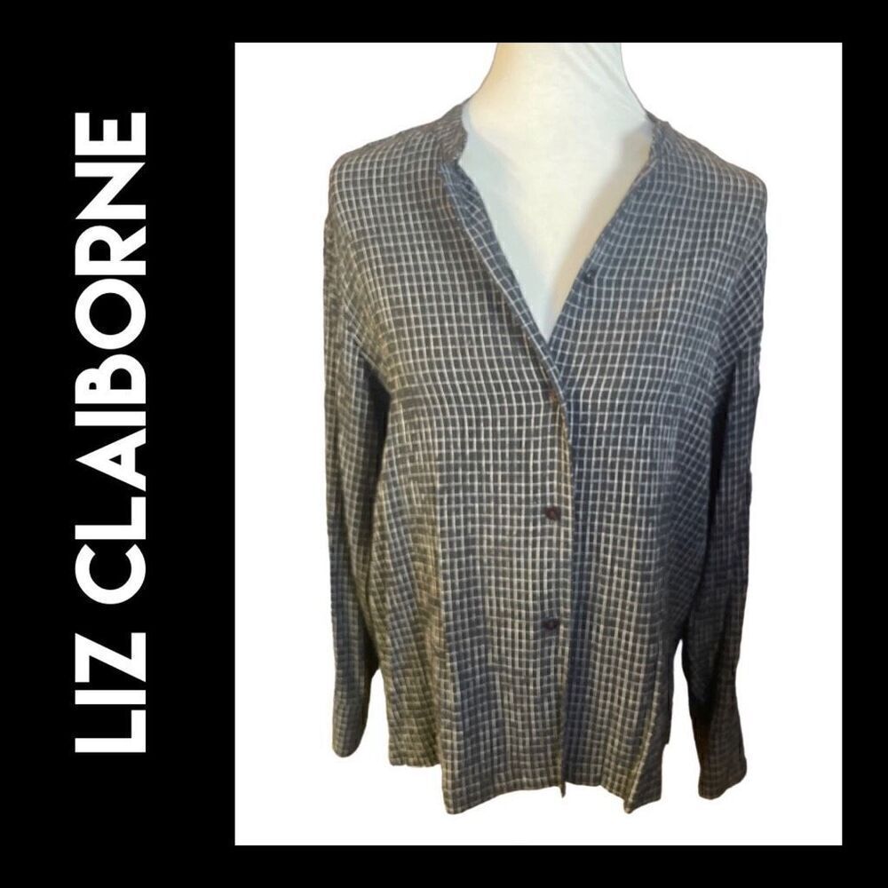 Liz Claiborne Women's Black & White Checkered Button-Down Long Sleeve Blouse/Sha